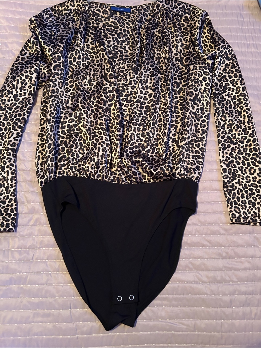 Apt. 9 Leopard Print Wrap-Front Bodysuit in Black and Cream silk